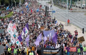 People take part in a protest for media freedom in Budapest