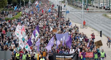 People take part in a protest for media freedom in Budapest