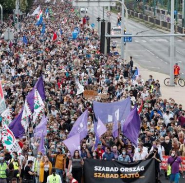 People take part in a protest for media freedom in Budapest