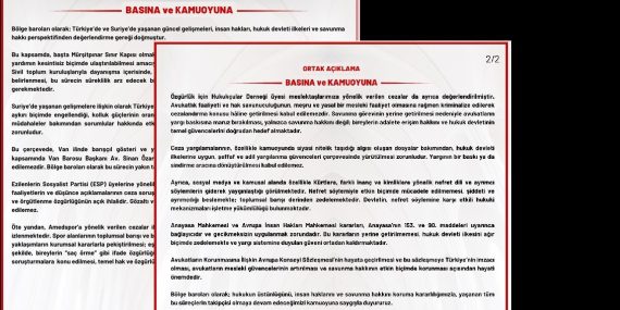 Bölge Barolarından Ortak Açıklama: Suriye’deki İnsani Kriz ve Türkiye’deki Hak İhlalleri Konusunda Uyarı