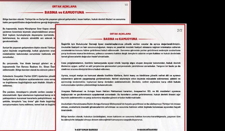 Bölge Barolarından Ortak Açıklama: Suriye’deki İnsani Kriz ve Türkiye’deki Hak İhlalleri Konusunda Uyarı