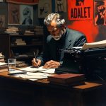 Yazı yazan bir adam, kitaplar.